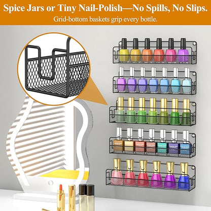 Wall Mounted Spice Rack Organizer, Pantry Door Organizer & Hanging Storage Baskets, Metal Spice Shelf for Kitchen Cabinet, 3 Depth Sizes Hold Large Jars to Nail Polish Bottles, 5 Pack