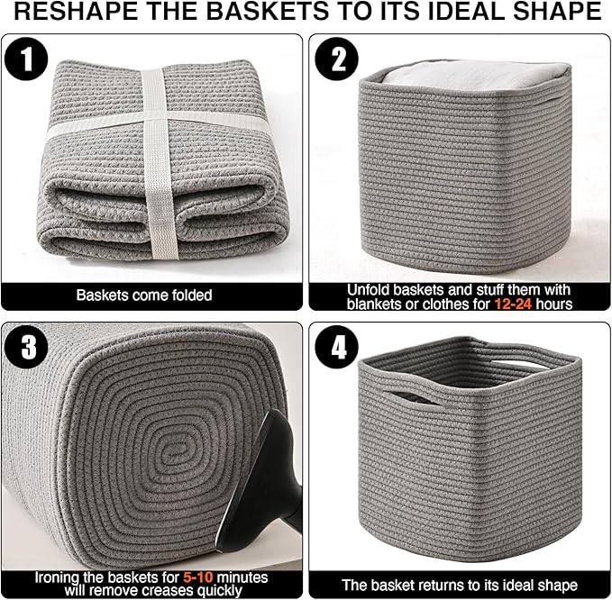 ICERZCZ 11 Inch Cube Storage Bins, Storage Cube Organizer Bins, Woven Cotton Rope Basket for Storage, Storage Baskets for Organizing Shelves, Grey Baskets for Toys Nursery, Grey (Pack of 3)