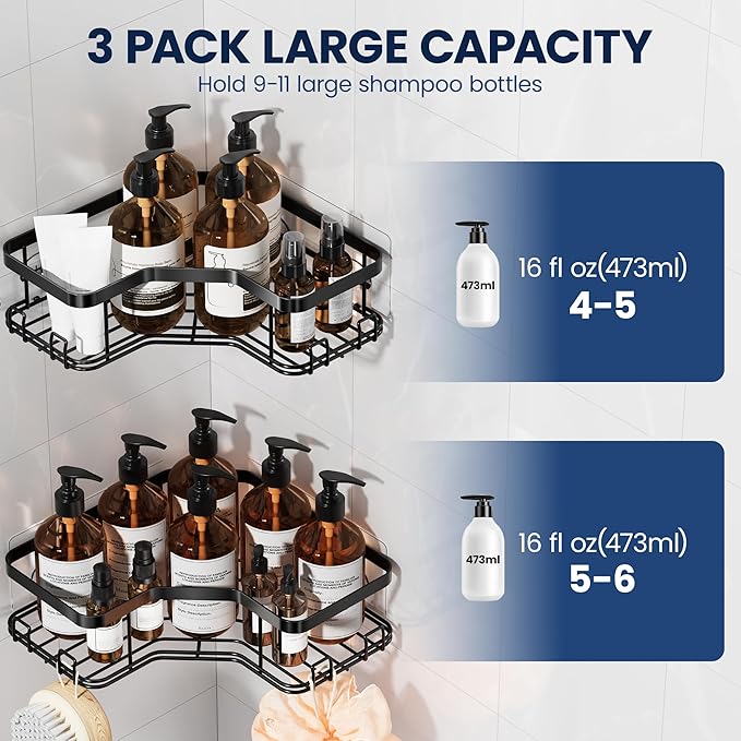 MAXIFFE 3 Pack X-Large Corner Shower Caddy with Soap Holder, Large Capacity and Easy Install, No Drilling Shower Shelves, Stainless Steel Shower Organizer Hold 40 LBS for Family Renters, Black