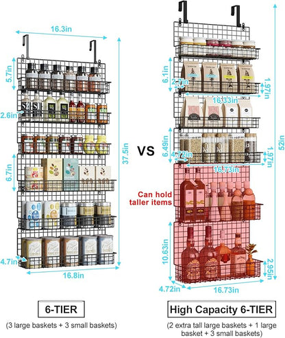 JKsmart High Capacity 6-Tier Spice Rack Organizer with Door Hook, Wall-Mounted & Over-the-Door for Kitchen Pantry Cabinet - Black