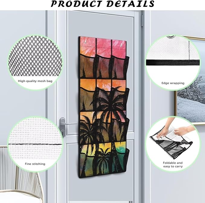 Palm Design Hanging Shelves Over the Door Organizer Storage for Closet with 12 Pockets,Nursery Organization,Over The Door Organizer,Organizer for Bedroom Bathroom,Kitchen