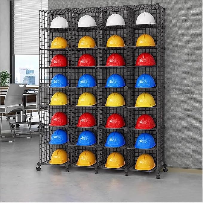 Stackable Safety Helmet Storage Boxes, Large Adjustable Hard Hat Placement Organizer Rack with Wheels for Construction Site/Garage/Workshop/Factory Helmet Display Shelf (4 * 8)
