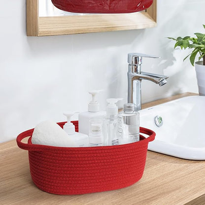 MEGASKET Red Woven Basket, 13" x 9" x 5" Baskets for Gifts Empty, Cute Cotton Rope Cat Dog Toy Bin Box, Small Woven Bin for Organizing, Red Room Decor, Nursery Cloth Diaper Storage Organizer
