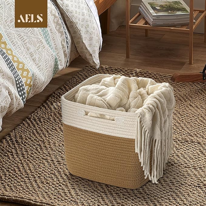 AELS Hand Woven Cotton Baskets for Storage, Cube Storage Bins with Handles, Foldable Collapsible Closet Organizers and Storage, Boho Farmhouse Storage Cubes for Shelves, Beige and Khaki