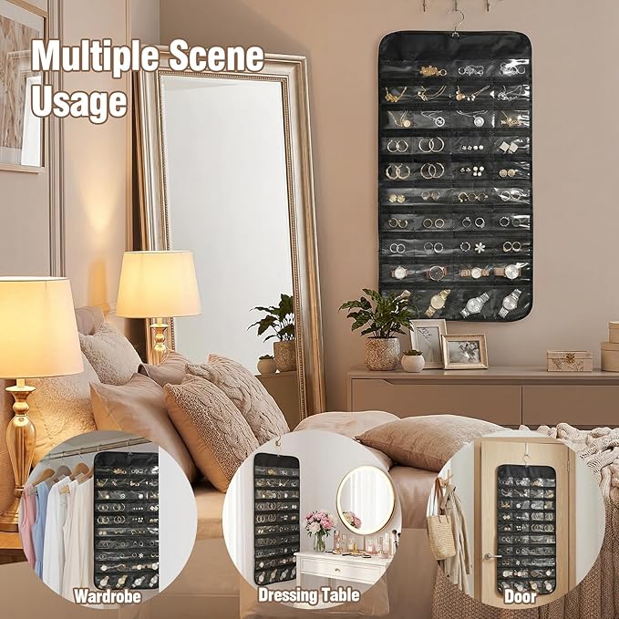 2PCS Hanging Jewelry Organizer with 160 Clear Pockets, 360° Swivel Hook for Double-Sided Jewelry Holder for Earrings, Necklaces, Rings on Closet, Wall, Door, (Black and beige)