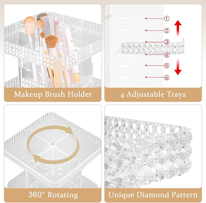 Rotating Makeup Organizer with Makeup Brush Holder,Large Capacity Perfume Organizer for Vanity Countertop,Acrylic Skincare Organizers Spinning Holder Storage Rack (Clear)