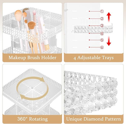 Rotating Makeup Organizer with Makeup Brush Holder,Large Capacity Perfume Organizer for Vanity Countertop,Acrylic Skincare Organizers Spinning Holder Storage Rack (Clear)