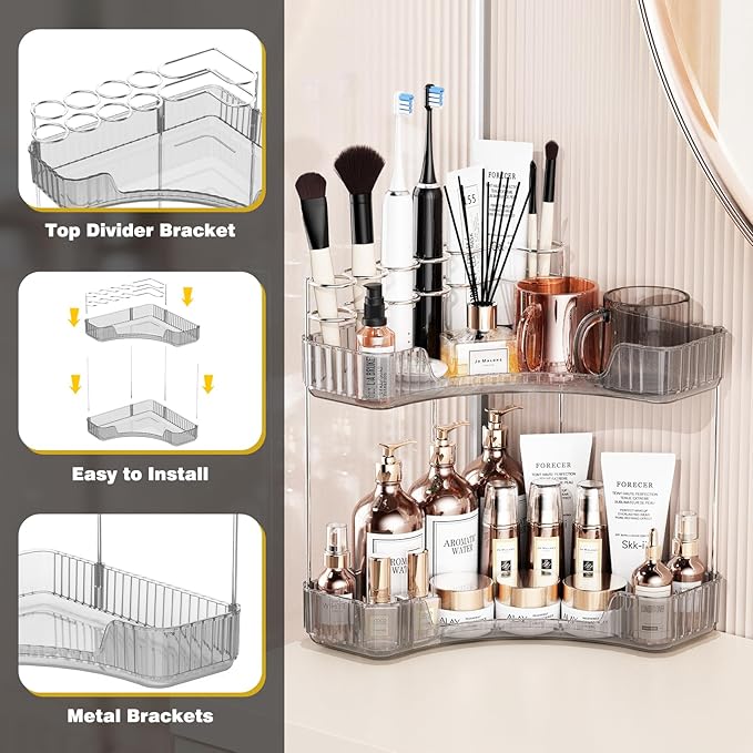 Asayuee 2-Tier Corner Bathroom Counter Organizer with Top Toothbrush Holders,Large Makeup Organizer Countertop with Brush Holder,Skincare Organizers Corner,Exquisite Vanity Organizer (Gray, 2 Tier)