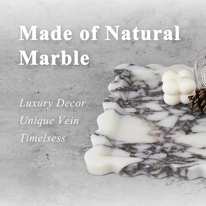 Square Marble Vanity Tray with Scalloped Edge - Natural Marble Perfume Tray Decor for Dresser, Vanity, Kitchen, Home Decor, Decorative Square Stone Tray - Calacatta Viola 8 * 8 inch