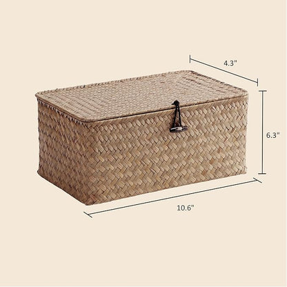 Nonam Small Basket with Lid, Natural Seagrass Bin with Lid, Shelf Baskets Multipurpose Container for Boho Decoration, Rectangular Household Storage Boxes for Home Organization-Coffee