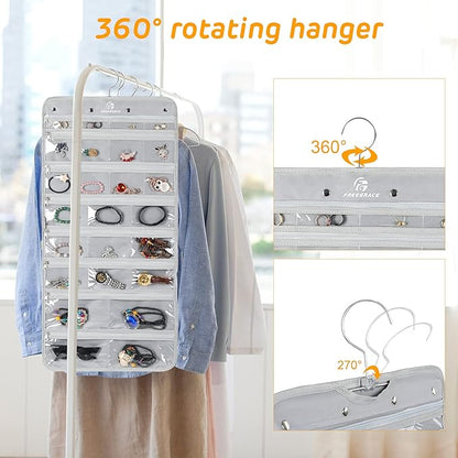 Freegrace Hanging Jewelry Organizer with Secure Zipper Closure - 360° Revolving Hanger, 25 Clear Pockets, 23 Necklace Hooks - Foldable Travel Storage & Closet Display (Gray)