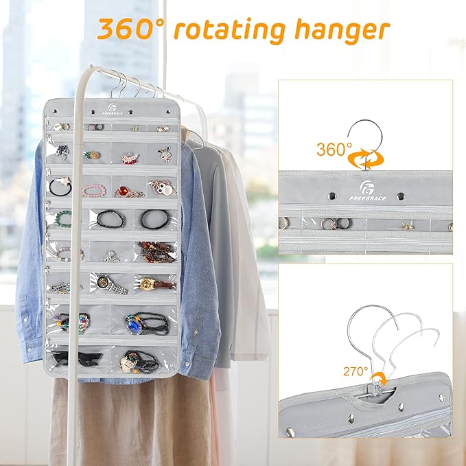 Hanging Jewelry Organizer with 50 Transparent Pockets, 360 Rotating Hanger & Secure Zipper Closure - Foldable Double Sided Jewelry Storage Bag for Earrings, Rings, Necklaces, Bracelets (Gray)