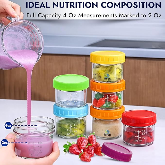 ARSUK 4 OZ Small Glass Containers with Lids (12 Pack) - Mini Glass Jars for Salad Dressing, To-Go Travel, Sauces, Spices, and Meal Prep - Reusable, Airtight, Leakproof, Microwavable and Freezer Safe