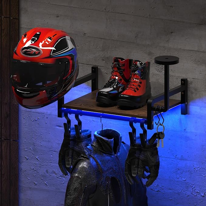 Vieshful Motorcycle Helmet Wall Mount Rack, Heavy Duty Helmet Holder with RGB Light Strip – Gear Display Shelf for Jackets, Gloves & Motorcycle Accessories Organizer, Garage & Entryway
