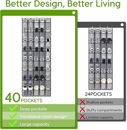 Over the Door Shoe Organizer with 40 Large Breathable Mesh Pockets, Space Saving Shoe Holder, Hanging Shoe Rack for Entryway Bedroom Closet Storage (Grey, 80 Pockets)