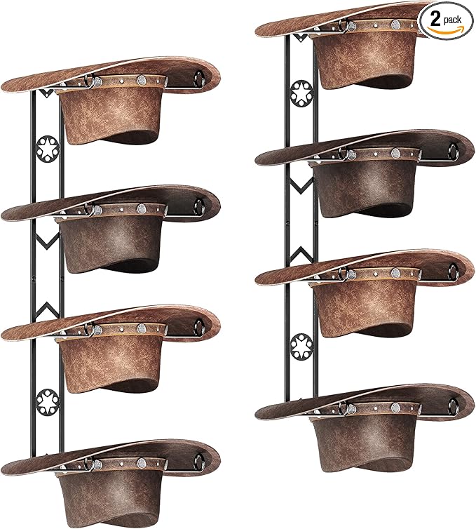 8 Pieces Cowboy Hat Organizer Hangers for Wall, Western Hat Rack Wall Mounted with Decorative Star, 2 Pack Metal Cowboy Hat Holder for Western, Cowboy, Beach, Fedora, Sun Hats (2 Pack)