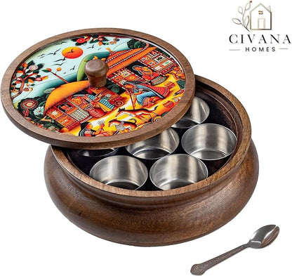 Wooden Spice box for kitchen with spoon, Mango wood box with 7 Steel containers | Masala box for kitchen | Masala Dani | Best Gift (Red Masala Box)
