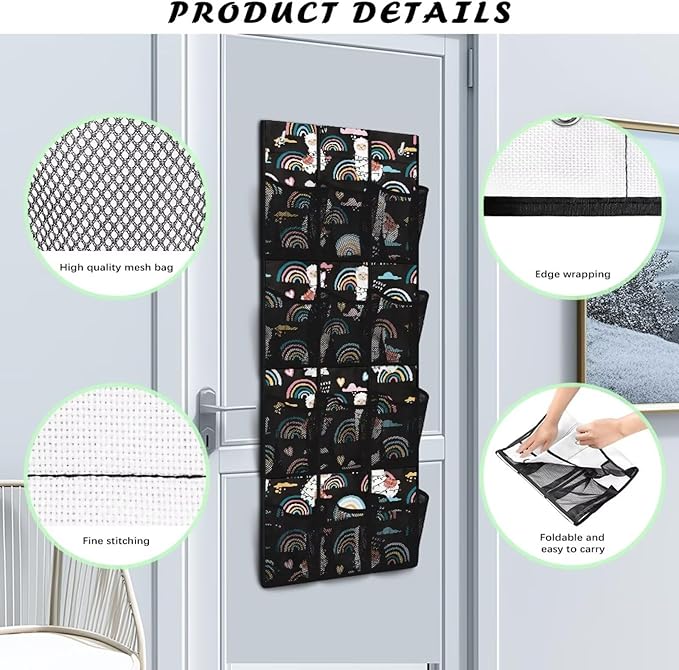 Black Behind Door Organizer 12 Pockets Door Hanging Shoe Organizer for Bedroom Space Saving Rainbow Multi-Funtion Storage Bag Large Capacity Alpaca Wall Hanging Storage