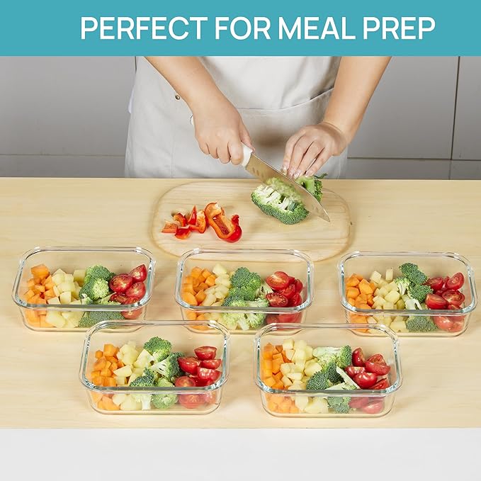 Vtopmart 5 Pack 35oz Glass Food Storage Containers with Lids, Meal Prep Containers, Airtight Reusable Lunch Container Set, Safe for Oven, Microwave, Freezer, and Dishwasher, Blue