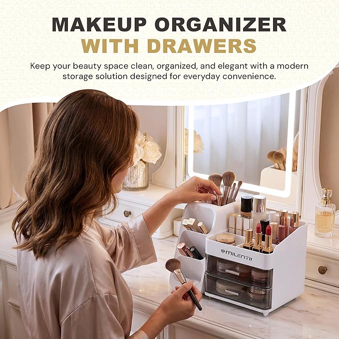 Makeup Organizer with Drawers, Large Capacity Cosmetic & Skincare Storage Box, Countertop Vanity Organizer for Bathroom, Bedroom & Dresser, ABS Plastic, White