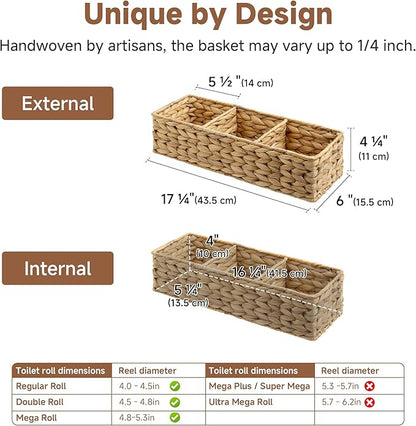StorageWorks Toilet Paper Baskets for Shelves, 3-Section Large Wicker Baskets Storage, Water Hyacinth Back of Toilet Basket for Organizing Tank Topper, Living Room Decor, 2 Pack