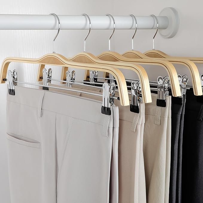 TOPIA HANGER Wooden Pants Hangers,Slim Natural Wood Skirt Hangers with Anti-Rust Hook and Adjustable Metal Clips, Perfect for Skirts, Pants, Slacks-20 Pack-CT17N20