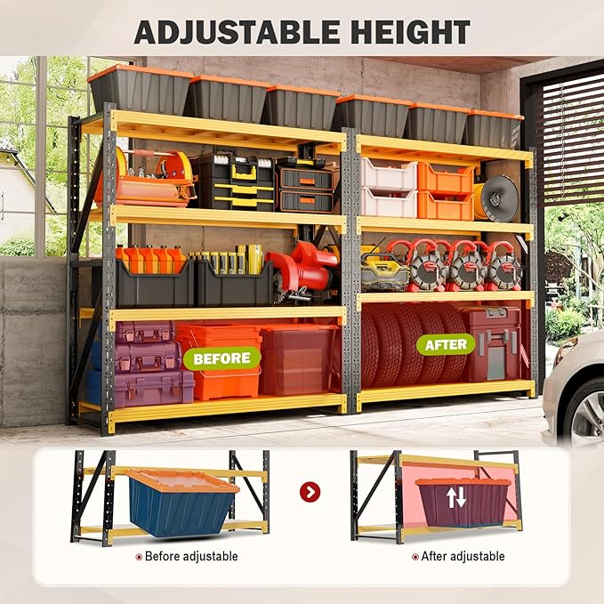 3000lbs Garage Shelving Heavy Duty, 4-Tier Metal Adjustable Garage Shelves, Storage Shelves for Warehouse, Pantry, Basement, 31.5" W X 20" D X 63" H (Black+Yellow, 31.5x20x63)