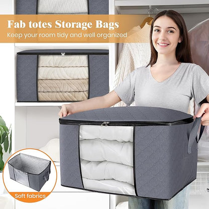 Fab totes Storage Bags,Clothes Blanket Storage Bins Foldable Closet Organizers with Reinforced Handle for Home Dorm Storage and Organization,Fabric Bags for Organizing Sheets,Clothing (Grey,3 Pack)