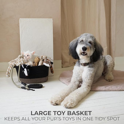 Stylish Cotton Rope Storage Basket For Dog Toys, Magazines or Books - The Perfect Woven Bin with Handles For Everyday Organization Reduces Clutter in Your Rooms - A Decorative Gift & Storage Box