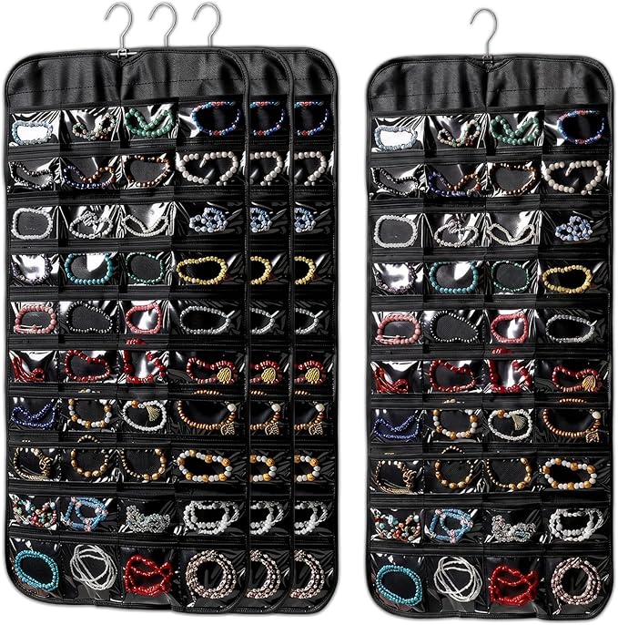 4 Pcs Hanging Jewelry Organizer, Double-Sided Earring Holder with 80 Clear Pockets Black Jewelry Storage Roll with Rotatable Hanger for Earrings, Necklaces, Rings, Bracelets on Closet, Wall, Door