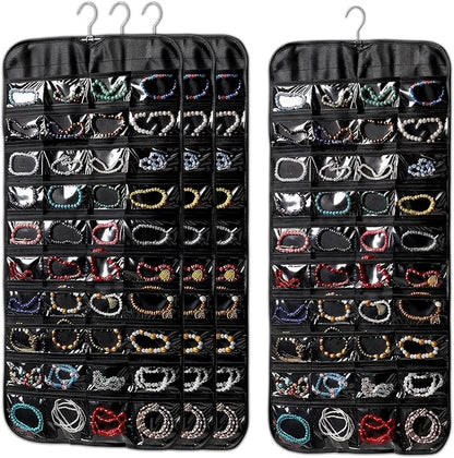 4 Pcs Hanging Jewelry Organizer, Double-Sided Earring Holder with 80 Clear Pockets Black Jewelry Storage Roll with Rotatable Hanger for Earrings, Necklaces, Rings, Bracelets on Closet, Wall, Door