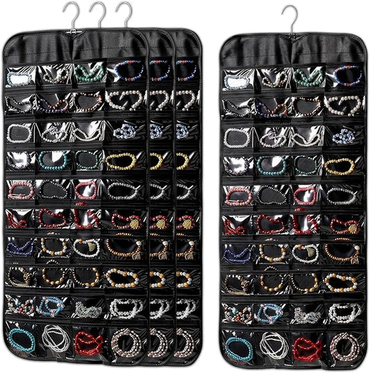 4 Pcs Hanging Jewelry Organizer, Double-Sided Earring Holder with 80 Clear Pockets Black Jewelry Storage Roll with Rotatable Hanger for Earrings, Necklaces, Rings, Bracelets on Closet, Wall, Door