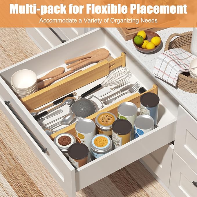 Bamboo Drawer Dividers,17-22" Adjustable Kitchen Drawer Organizer for Clothes,6 Pack Expandable Drawer Organization Separators for Bedroom,Bathroom,Dresser and Office,Natural