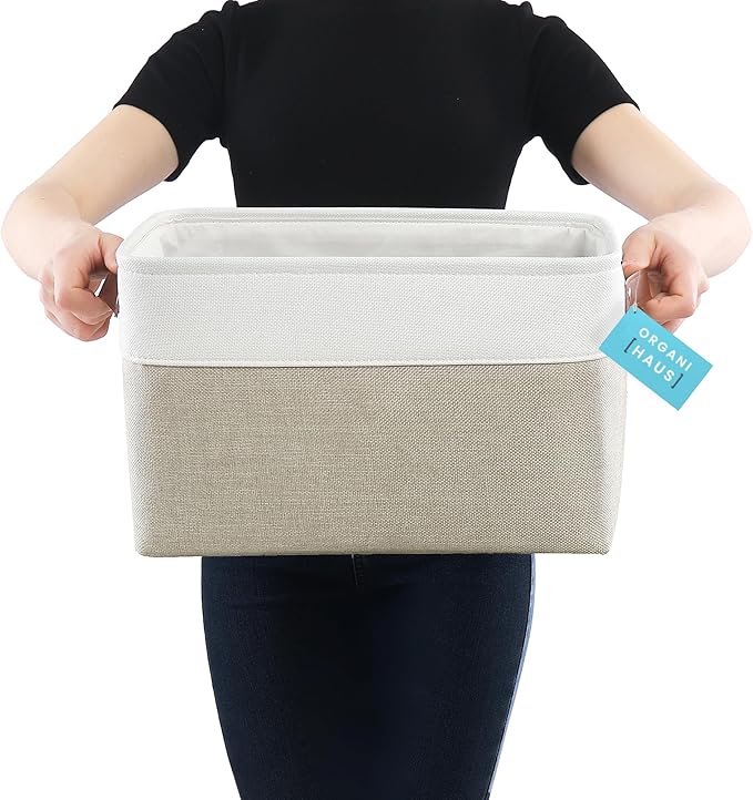 OrganiHaus 15x11in Canvas Storage Baskets 3 Pack | LARGE Fabric Bins for Shelves | Closet & Bedroom Storage | Beige/Off-White