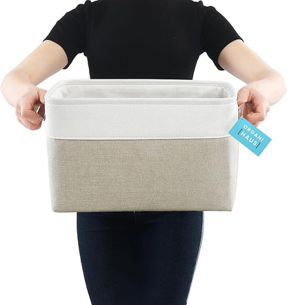 OrganiHaus 15x11in Canvas Storage Baskets 3 Pack | LARGE Fabric Bins for Shelves | Closet & Bedroom Storage | Beige/Off-White