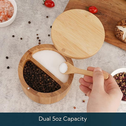 KITCHENDAO Bamboo Salt and Pepper Bowl Box Cellar, Built-in Spoon, Two Compartments Spice Seasoning Container, Sea Salt Cellar Holder, Magnetic Swivel Lid, Dual 5oz Capacity