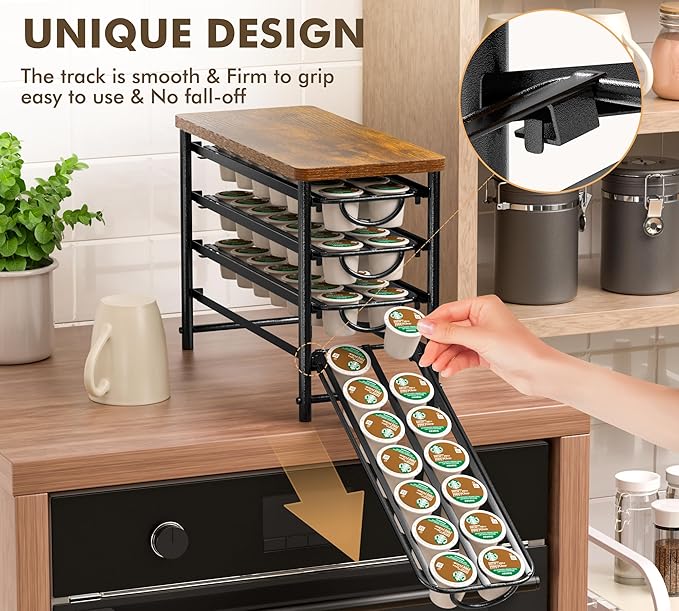 HFHOME Coffee Pod Holder with Wooden Top, Compatible with K-Cups, 4-Tier Coffee Capsule Storage Drawer, 56 Capacity Pods Organizer for Kitchen Counter, Home, Office, Black