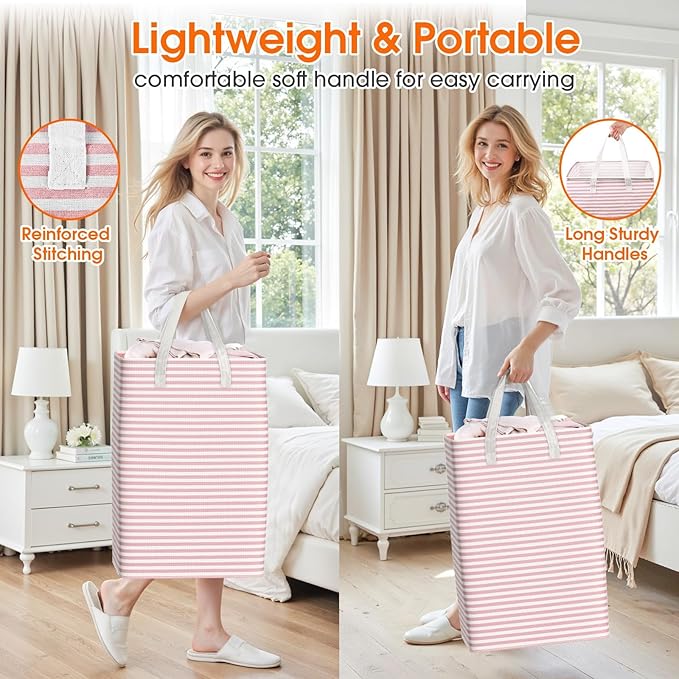 3 Pack Large Laundry Basket,Waterproof & Freestanding Laundry Hamper,Collapsible Clothes Hampers with Easy Carry Long & Reinforced Handles in Bathroom,College Dorm(100Lx3,Pink)