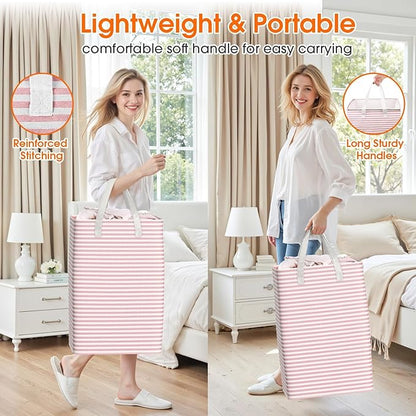 3 Pack Large Laundry Basket,Waterproof & Freestanding Laundry Hamper,Collapsible Clothes Hampers with Easy Carry Long & Reinforced Handles in Bathroom,College Dorm(100Lx3,Pink)