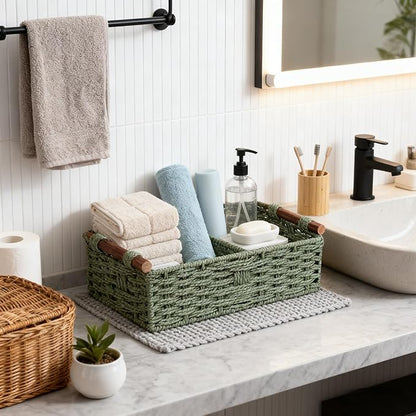 Sage Green Woven Bathroom Basket with Wood Handles — Toilet Paper Storage Organizer, Green Wicker Back of Toilet Basket, Boho Sage Green Bathroom Decor Tray for Tank Top or Shelf