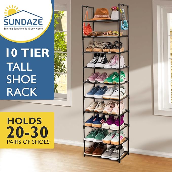 Sundaze Shoe Rack - 10 Tier Tall Shoe Rack for Closet, Sturdy Stackable Shoe Organizer for Closet, Bedroom, Entryway, Garage, Non Woven Fabric Shelf, Black, Holds 20-30 Pairs