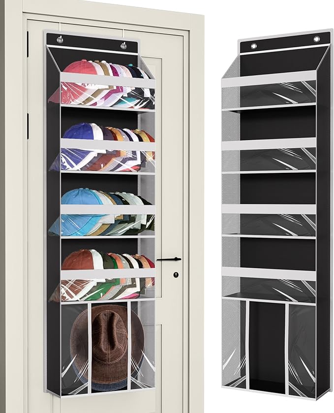 KYEVIS Over The Door Hat Organizer for Baseball Caps - Holds up 60 Hat Rack with Extra Large Row for Cowboy, Hat Storage for Closet, Bedroom, Cabinet, Space Saving Hanging Holder, Scarves, Accessories