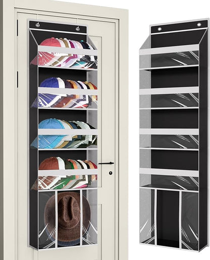 KYEVIS Over The Door Hat Organizer for Baseball Caps - Holds up 60 Hat Rack with Extra Large Row for Cowboy, Hat Storage for Closet, Bedroom, Cabinet, Space Saving Hanging Holder, Scarves, Accessories