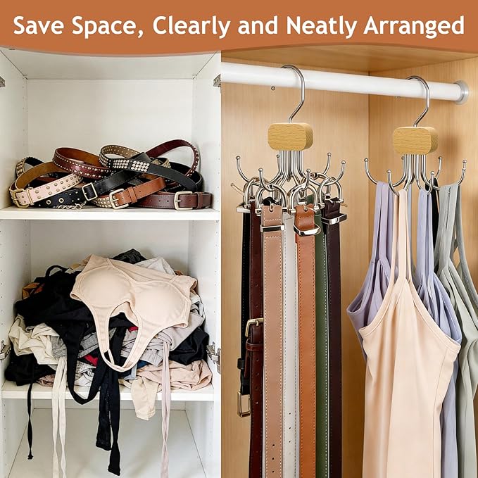Belt Hanger for Closet, 3 Pack Belt Organizer for Closet Space Saving & Storage, 360° Rotatable & Foldable Hooks, Large Capacity Holder Rack for Tie, Tank Top, Bra, Purse, Hat (Natural)