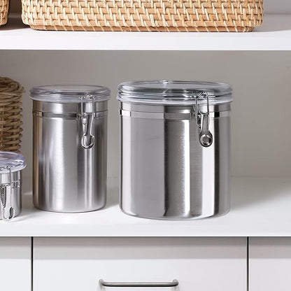 Oggi Stainless Steel Kitchen Canister 62 fl oz - Airtight Clamp Lid, Clear See-Thru Top - Ideal for Kitchen Storage, Food Storage, Pantry Storage. Large Size 5" x 7.5".