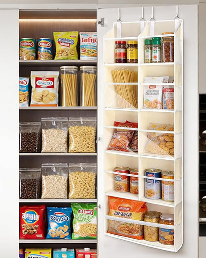 ULG Over the Door Organizer, 5-Tier Hanging Storage with Clear Windows, 19 Pockets for Closet, Pantry, Bathroom & Nursery Doors, Extra Large Storage Space with 4 Hooks, Easy to Install, Beige, 1-Pack