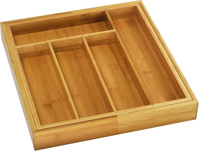 YBM HOME Pack of 6 Kitchen 100% Bamboo Utensil, Flatware, Cutlery Drawer Organizer Tray 340 (5 Compartment Adjustable)