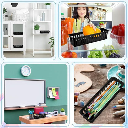 6 Pcs Black Slim Plastic Storage Baskets Tray 10 x 3 x 2.5 Inch Compact Stackable Desk Organizer for Office, Classroom, School Supplies, and Home Storage, Organization(Black)