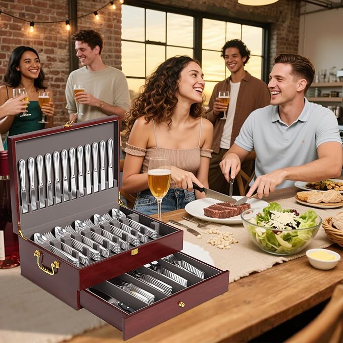 Mahogany Wood Silverware Storage Box,2-Layer Silverware Chest Case with Lid Drawer Handle Silverware Case with Felt Lined,Flatware Storage Box Holds 12-16 Sets of Utensils,Wedding Housewarming Gifts