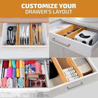 6-Pack Drawer Dividers - 4 Inches High, Adjustable 11 to 17 Inches Bamboo Drawer Organizers, Large Deep Expandable Separators for Clothes, Dresser, Bedroom, Bathroom, Baby, Office, Kitchen Utensils